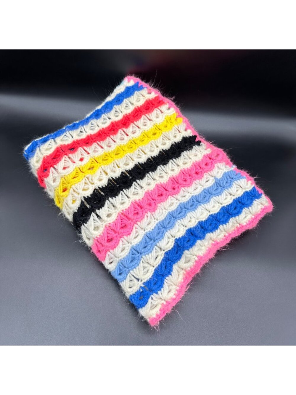 Vintage Handmade Afghan Crochet Blanket Rainbow Stripes Scallop Cozy Sofa Throw
